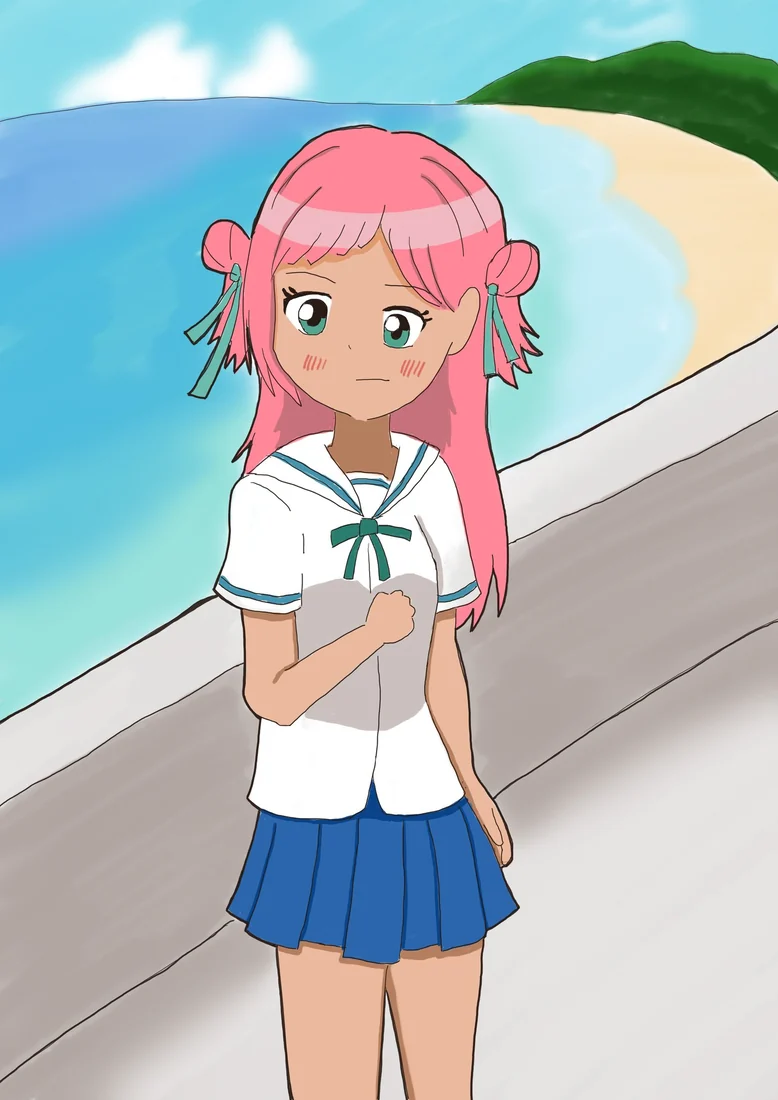 沖縄の海と護岸を背に、制服姿で拳を握って立つ玉城ありあの描き下ろしイラスト(キャス太郎さん作)