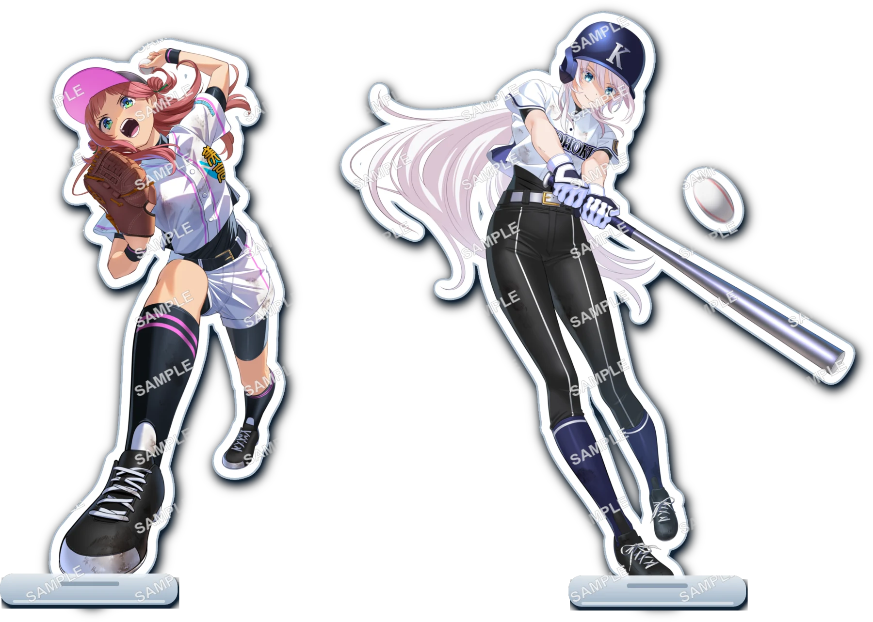 ありあ＆真琴のアクリルスタンドセット。ピンクの帽子で投球するありあと、ヘルメットをかぶってバットを振る真琴が、それぞれ白いふち取りで切り抜かれ、台座に立っている