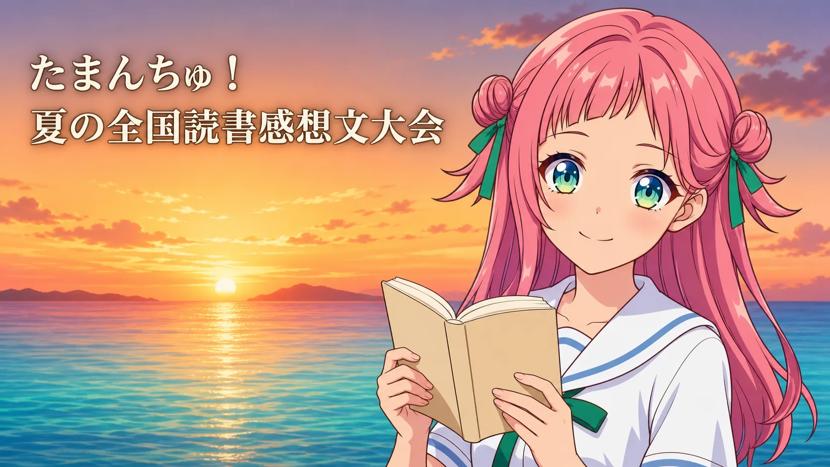 夏の夕焼けの沖縄の海を背景に、無地の文庫本を開いて微笑むありあ。たまんちゅ！夏の全国読書感想文大会